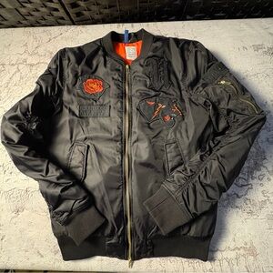 H&M Divided Black & Orange Men’s Bomber Jacket w/Patches, Size Small